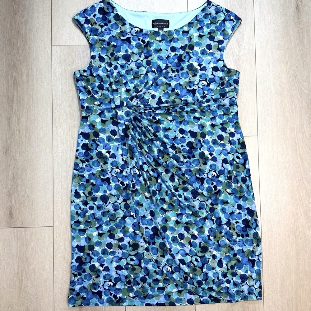 Connected Woman Dress 20W Blue Green Abstract Floral Ruched Sheath Plus Size 2XL